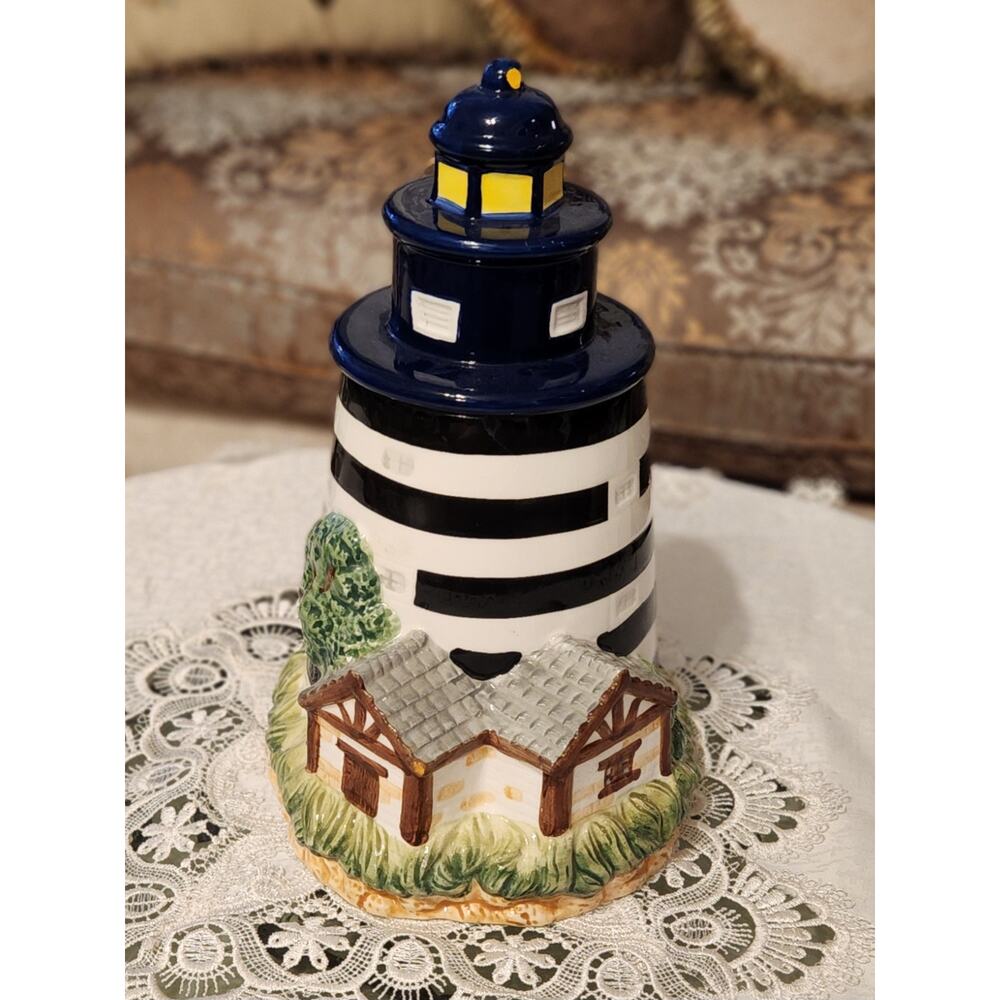 BICO Lighthouse Cookie Jar 1990s Black White Navy Blue Striped Vintage Lidded